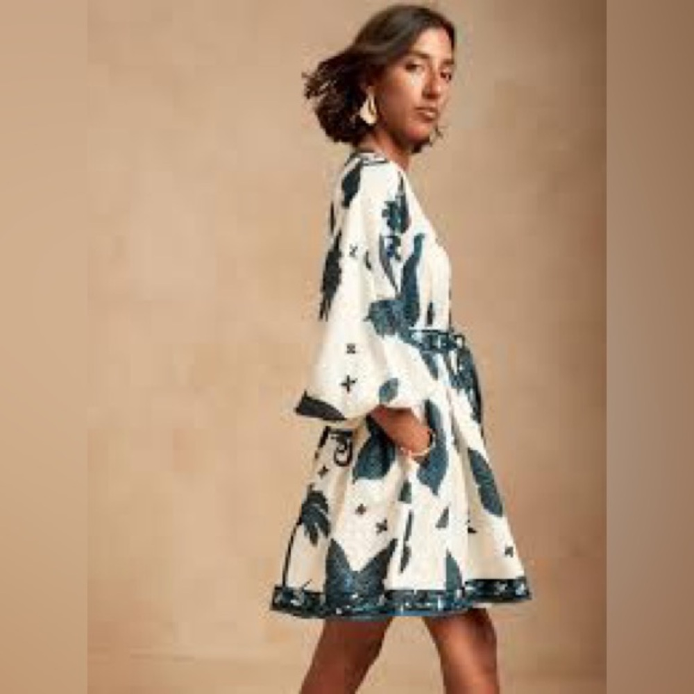 Banana Republic Blue and White Linen Balloon Sleeve Resort Dress